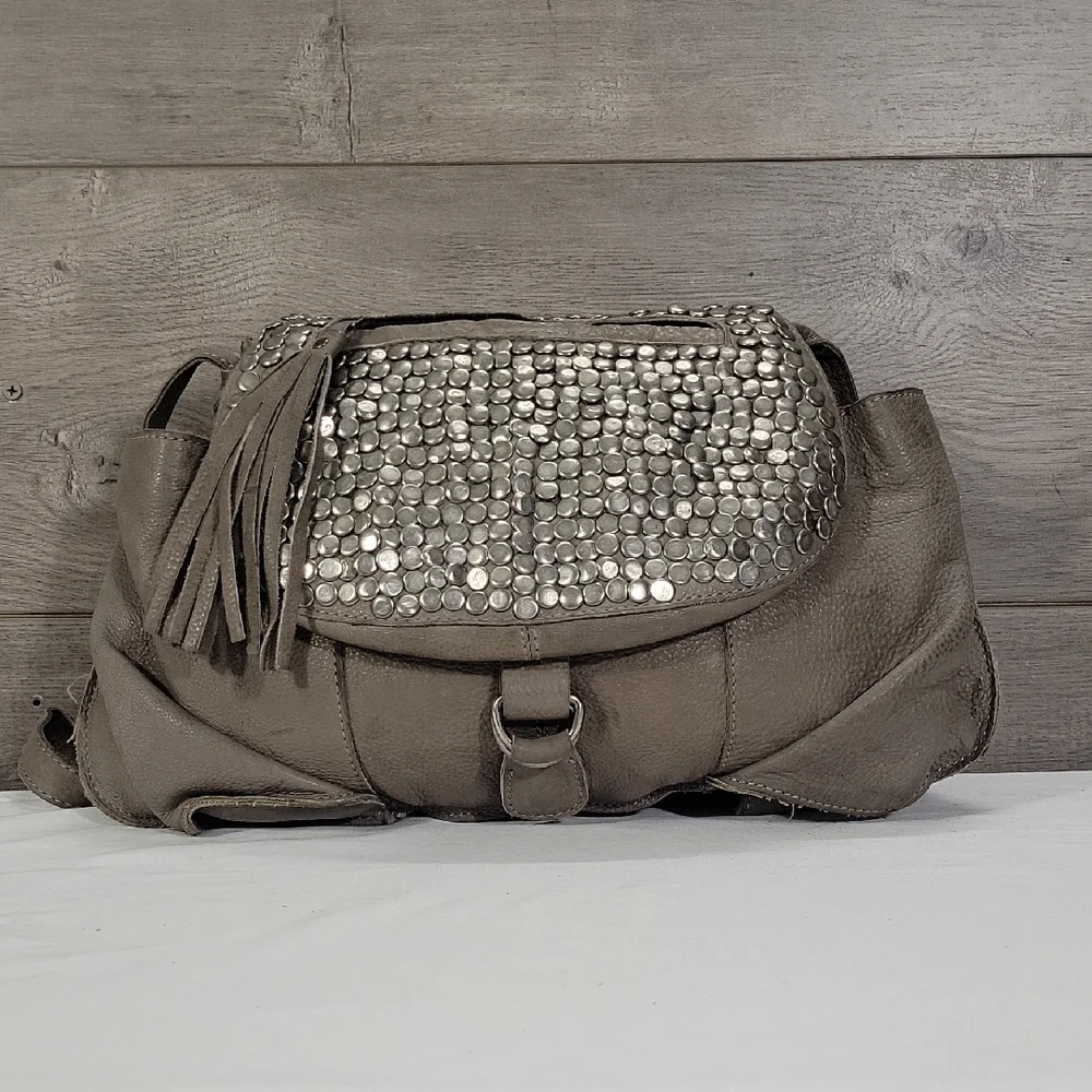 Cut & Paste for Anthropologie Studded Gray Leather Shoulder Bag